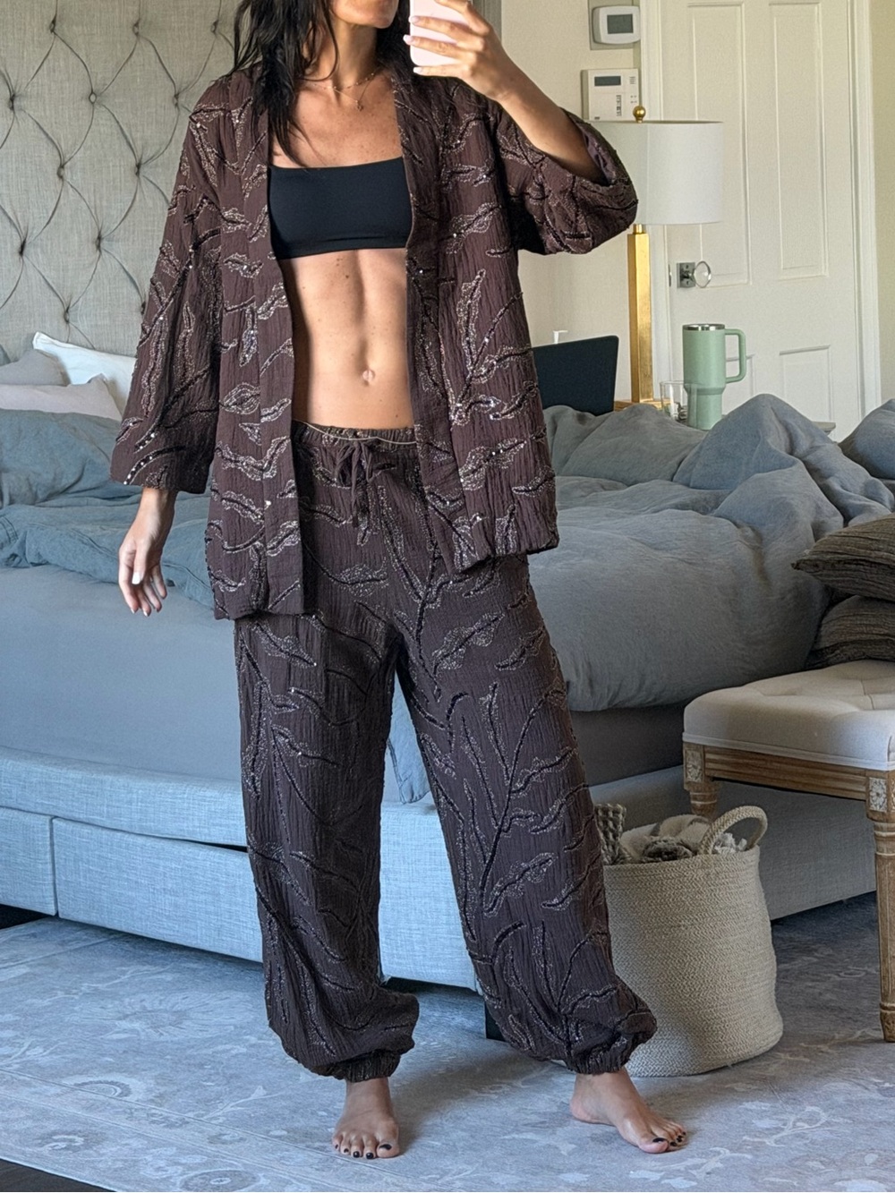 Zara Women's Brown Beaded and Sequin Lounge Set - Relaxed Jacket & Jogger Pants